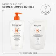 Kérastase Nutritive Bain Satin Riche Refillable Shampoo and Refill Pouch Duo for Fine to Medium Dry Hair with Niacinamide 500ml