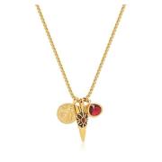 Men`s Golden Talisman Necklace with Arrowhead, Red Ruby CZ Drop and Bee Pendant