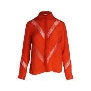 Orange Silke Lace-Trim Skjorte
