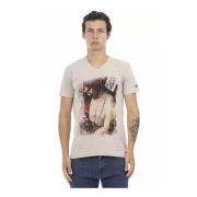 Herre Bomuld V-Hals T-Shirt med Front Print