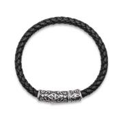 Men's Black Leather Bracelet with Silver Tube Lock