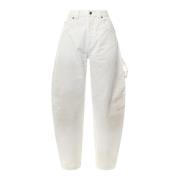 Hvide denim bukser med læderdetalje