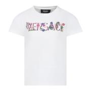 Hvid Bomuld T-Shirt med Pink Blomst Logo