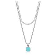 Silver Necklace Layer with 3mm Cuban Link and Turquoise Square Necklace