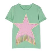 Grøn Bomuld T-shirt med Stella Patch og Frynse Detaljer