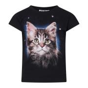 Sort Katteprint Bomuld T-Shirt