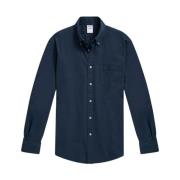 Marineblå Regular Fit Bomuld Seersucker Sportsskjorte med Button Down Krave