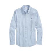 Blå Stribet Regular Fit Bomuld Seersucker Skjorte med Button Down Krave
