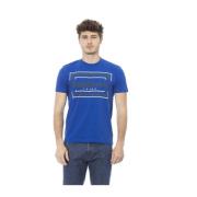 Blå Bomuld Rund Hals T-Shirt med Front Print