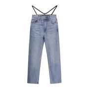 Blå Wide Leg Jeans med Stretch Strop