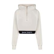 Beige Cropped Hoodie med Elastisk Taljebånd