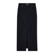 Pinstripe Denim Nederdel med Frontslids