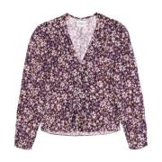 Blomstret Crepe Bluse med V-Hals