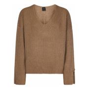 Beige Ribstrikket V-hals Sweater AW24