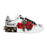 Hvide Blomster Læder Lave Top Sneakers