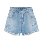 Blå Denim Shorts med Blomsterbroderi