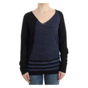 Stribet V-hals Pullover i Sort