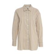 Beige Stribet Bluse med Blonder