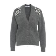 Grå Strik Cardigan med Rhinestone Applikation