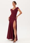 Goddiva Bardot Pleat Maxi Split Dress Wine L (UK14)