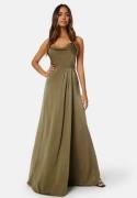 Bubbleroom Occasion Waterfall High Slit Satin Gown Olive green 38