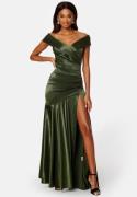 Goddiva Satin Bardot Pleat Maxi With Split Olive L (UK14)