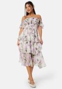 Goddiva Floral Bardot Pleated Midi Dress Multi XS (UK8)