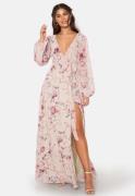 Goddiva Floral Long Sleeve Chiffon Maxi Dress Latte M (UK12)