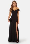 Goddiva Bardot Pleat Maxi Split Dress Black S M (UK12)