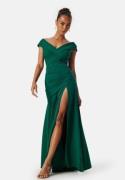 Goddiva Bardot Pleat Maxi Split Dress Dark green XL (UK16)