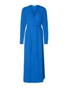 Slfludwika Ls Ankle Satin Dress B Maxikjole Festkjole Blue Selected Femme