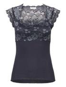 Silk Top W/ Lace Tops T-shirts & Tops Sleeveless Navy Rosemunde