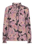 Print Pleated Georgette Tie-Neck Blouse Tops Blouses Long-sleeved Purple Lauren Ralph Lauren