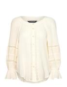 Lace-Trim Cotton Blouson-Sleeve Shirt Tops Blouses Long-sleeved Cream Lauren Ralph Lauren