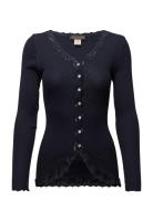 Silk Cardigan W/ Lace Tops Knitwear Cardigans Blue Rosemunde