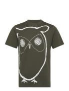 Aop Owl Tee - Gots/Vegan Tops T-Kortærmet Skjorte Khaki Green Knowledge Cotton Apparel