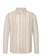 Loose Jacquard Woven Striped Shirt Tops Shirts Casual Beige Knowledge Cotton Apparel