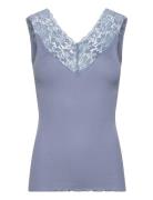 Silk Top Regular W/ Lace Tops T-shirts & Tops Sleeveless Blue Rosemunde