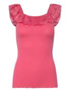 Silk Off Shoulder Top W/ Lace Tops T-shirts & Tops Sleeveless Pink Rosemunde