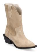Biamona Western Boot Mid Suede Shoes Boots Ankle Boots Ankle Boots With Heel Beige Bianco