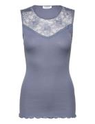 Silk Top Regular W/ Lace Tops T-shirts & Tops Sleeveless Blue Rosemunde