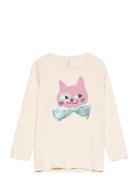 Top L S Placement Print Cat Wi Tops T-shirts Long-sleeved T-Skjorte Cream Lindex