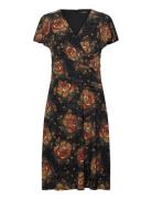 Floral Stretch Jersey Surplice Dress Knælang Kjole Black Lauren Ralph Lauren