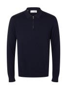 Slhberg Ls Half Zip Polo Noos Tops Knitwear Half Zip Jumpers Navy Selected Homme