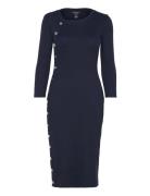 Button-Trim Rib-Knit Cotton-Blend Dress Knælang Kjole Navy Lauren Ralph Lauren