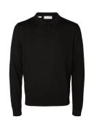 Slhtown Merino Coolmax Knit Polo Noos Tops Knitwear Long Sleeve Knitted Polos Black Selected Homme