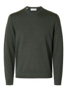 Slhtray Ls Knit Merino Crew Neck Noos Tops Knitwear Long Sleeve Knitted Polos Green Selected Homme