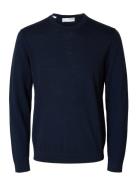 Slhtray Ls Knit Merino Crew Neck Noos Tops Knitwear Long Sleeve Knitted Polos Navy Selected Homme