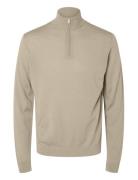 Slhtray Ls Knit Merino Half Zip Noos Tops Knitwear Half Zip Jumpers Beige Selected Homme