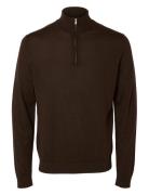 Slhtray Ls Knit Merino Half Zip Noos Tops Knitwear Half Zip Jumpers Brown Selected Homme